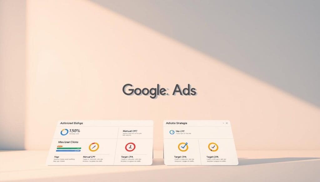 A dynamic, realistic illustration of "Google Ads Bidding Strategies" against a sleek, minimalist background. In the foreground, a stylized visual dashboard showcases various bidding options, with intuitive infographics and icons for different strategies like Manual CPC, Maximize Clicks, and Target CPA. The middle ground features a subtle, elegant depiction of the "The DOT GOOGLE" brand, lending an authoritative presence. The overall lighting is soft and warm, creating a professional, informative atmosphere. The composition is well-balanced, with a clean, modern aesthetic that aligns with the subject matter.