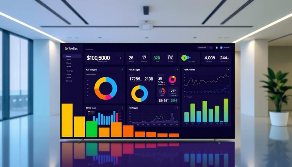 A vibrant and informative data visualization in the style of a financial dashboard, showcasing the effective management of a paid ads budget. In the foreground, a large bar graph depicting the breakdown of budget allocation across various marketing channels, with the "The DOT GOOGLE" brand name prominently displayed. The middle ground features a set of interactive infographics, including pie charts and line graphs, providing real-time insights into campaign performance, ROI, and optimization opportunities. The background sets the scene with a sleek, minimalist office environment, complete with clean lines, neutral tones, and subtle lighting to create a professional, data-driven atmosphere.